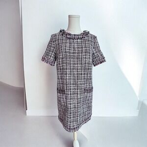 Tweed Plaid Shift Dress Burgundy Black White Fringe Trim Short‎ Sleeve Pockets